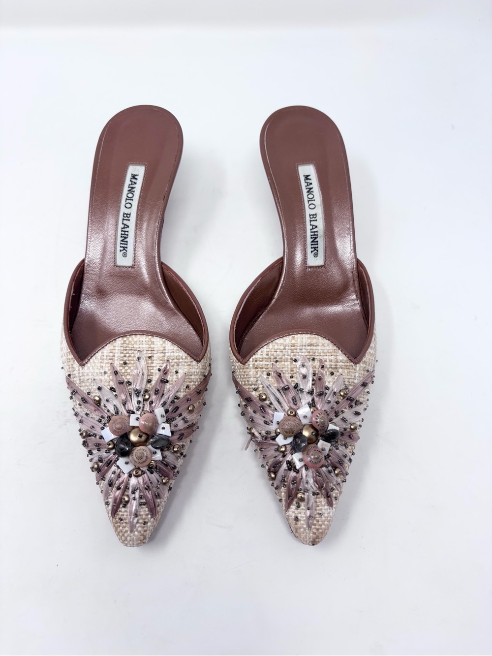 Vintage Manolo Blahnik Raffia Seashell Beaded and Feather Pointed-Toe Heel 37.5